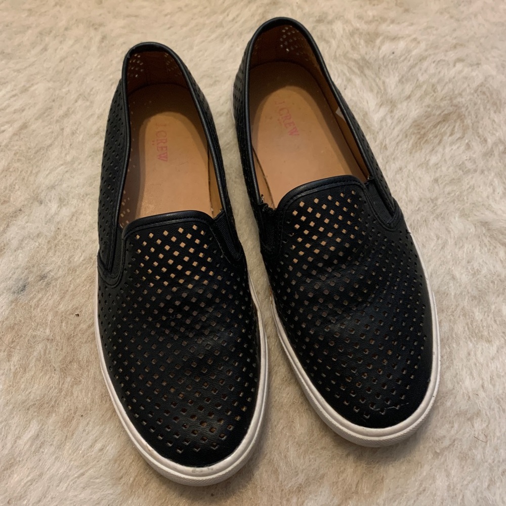 perforated black and white J. Crew slip ons